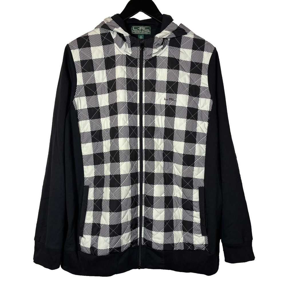 LRL Lauren Ralph Lauren Black White Jacket Check Hooded Pockets 2X Lightweight